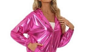 Women's metallic hot pink bomber jacket.